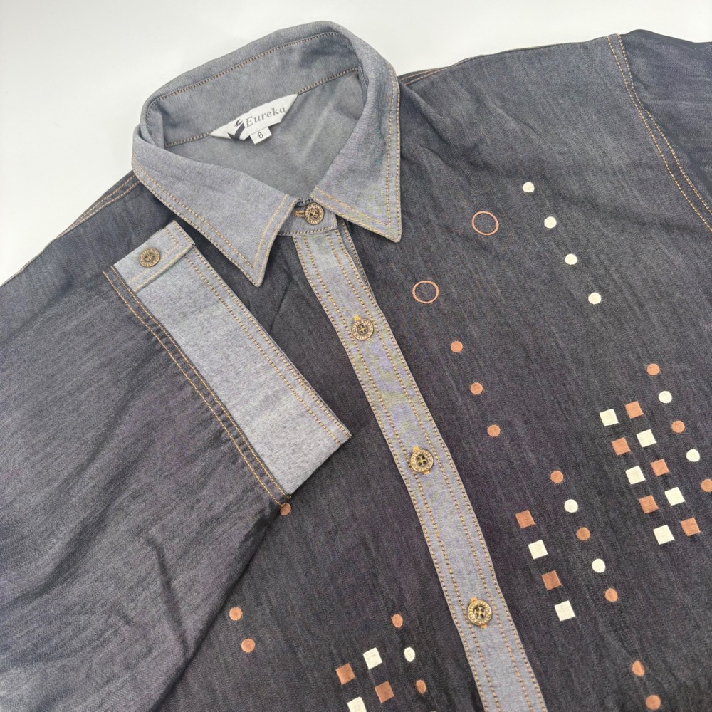 Eureka Womens‎ Denim Shirt Size 8 3/4 Sleeve Embroidered Geometric Dark Wash
